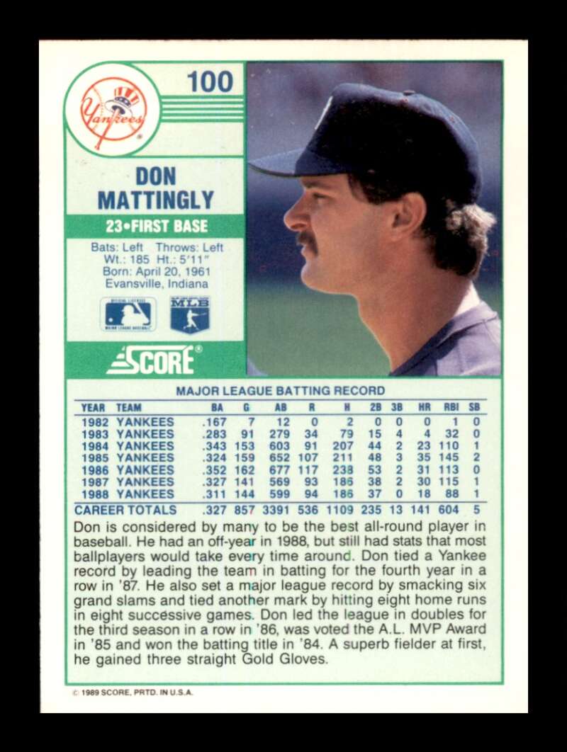 Load image into Gallery viewer, 1989 Score Don Mattingly #100 New York Yankees Image 2
