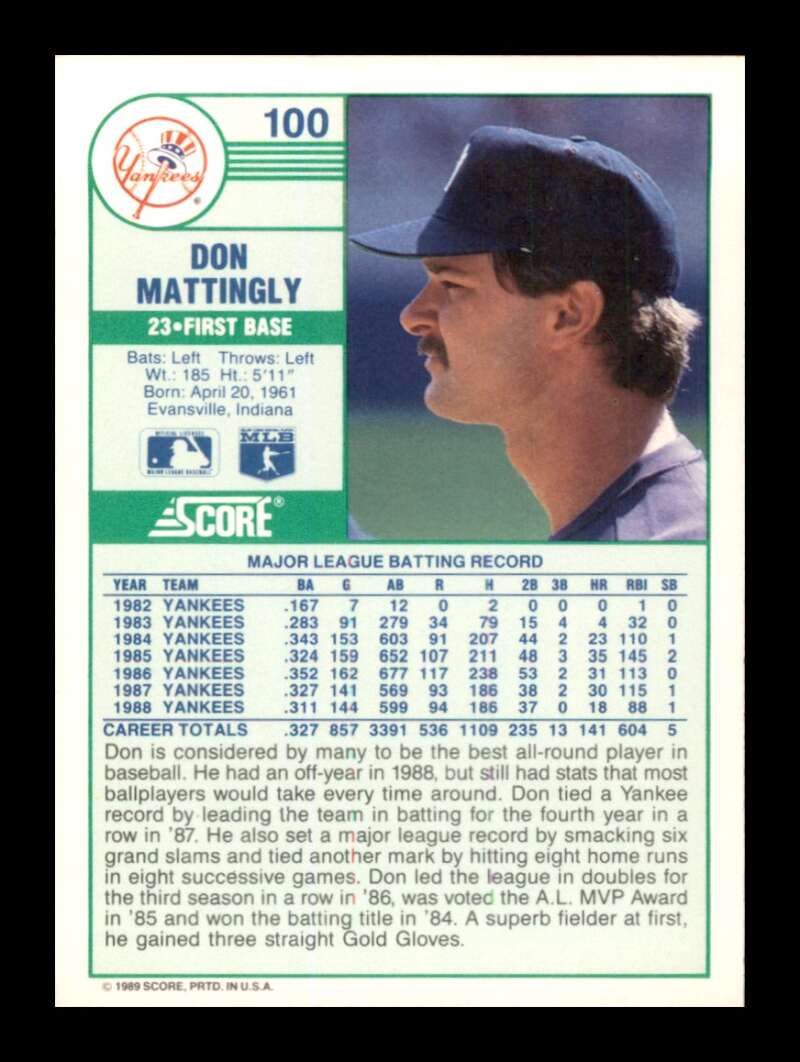 Load image into Gallery viewer, 1989 Score Don Mattingly #100 New York Yankees Image 2
