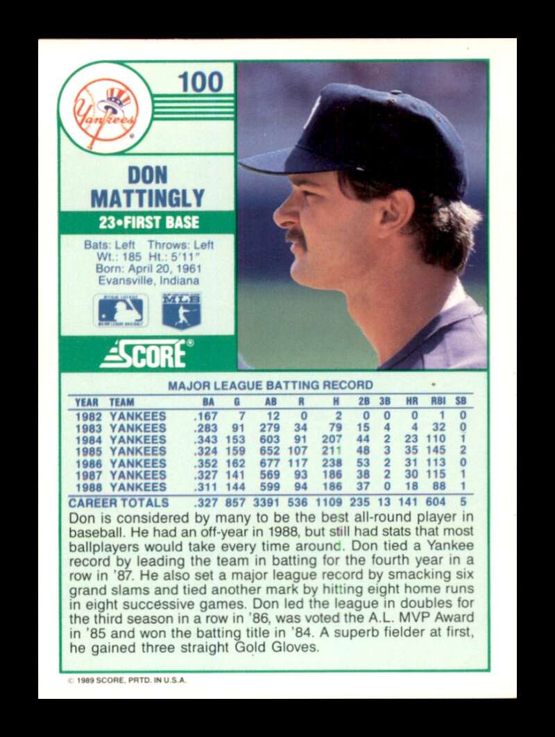 Load image into Gallery viewer, 1989 Score Don Mattingly #100 New York Yankees Image 2
