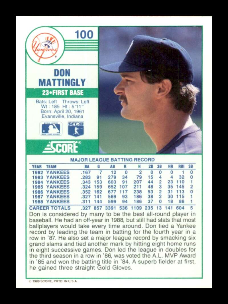 Load image into Gallery viewer, 1989 Score Don Mattingly #100 New York Yankees Image 2
