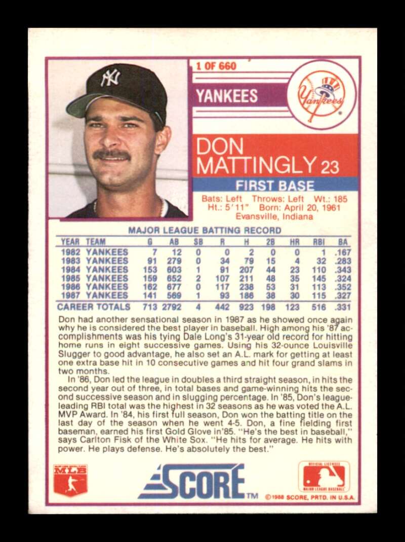 Load image into Gallery viewer, 1988 Score Don Mattingly #1 New York Yankees Image 2
