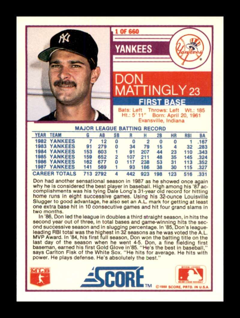 Load image into Gallery viewer, 1988 Score Don Mattingly #1 New York Yankees Image 2
