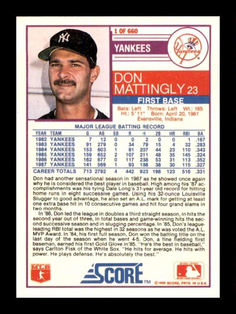 Load image into Gallery viewer, 1988 Score Don Mattingly #1 New York Yankees Image 2
