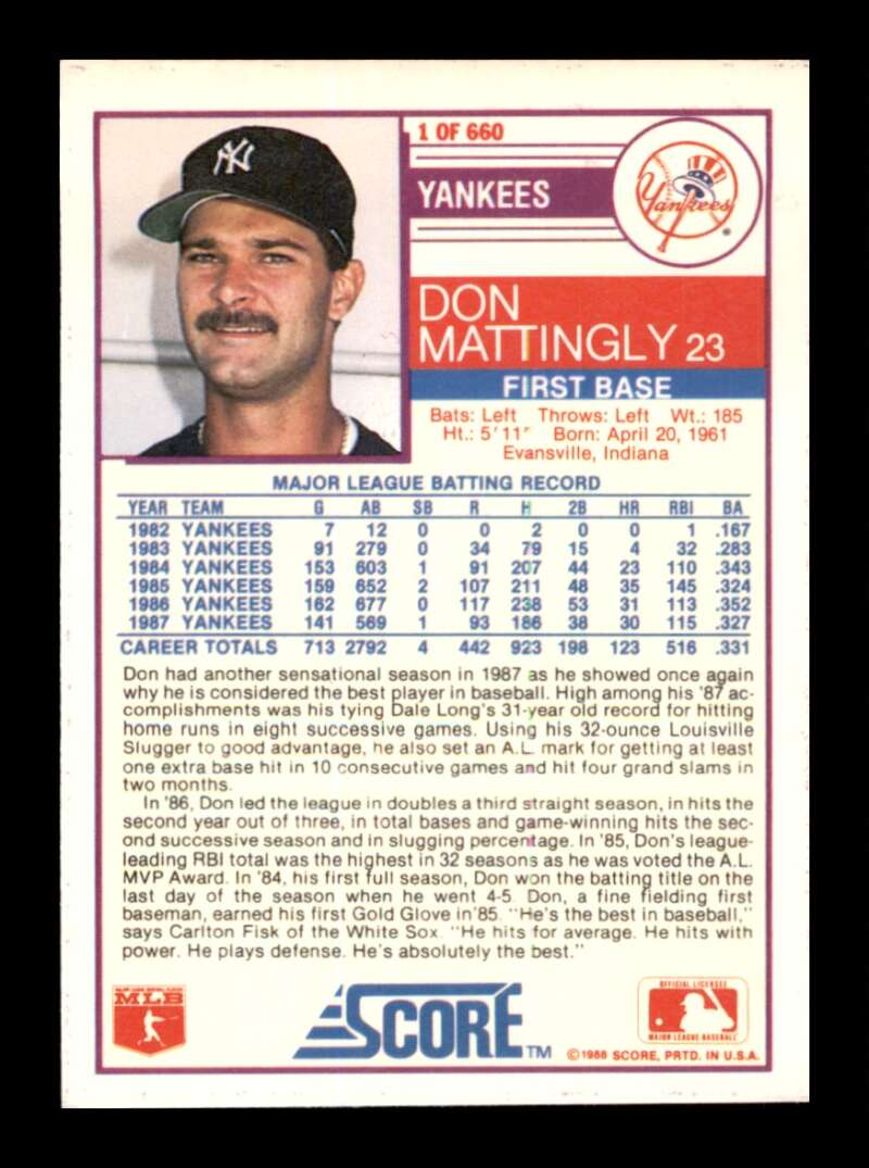 Load image into Gallery viewer, 1988 Score Don Mattingly #1 New York Yankees Image 2
