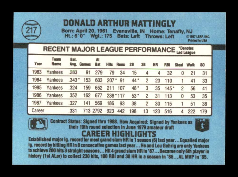 Load image into Gallery viewer, 1988 Donruss Don Mattingly #217 New York Yankees Image 2
