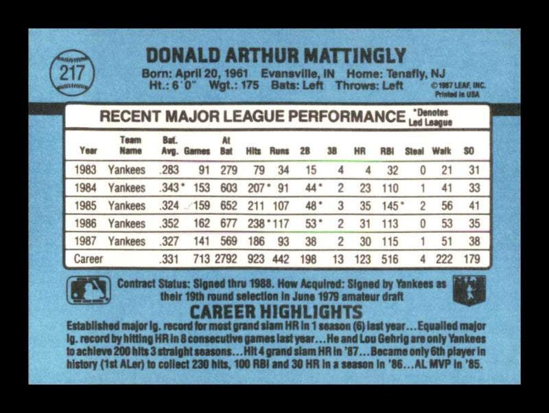 Load image into Gallery viewer, 1988 Donruss Don Mattingly #217 New York Yankees Image 2
