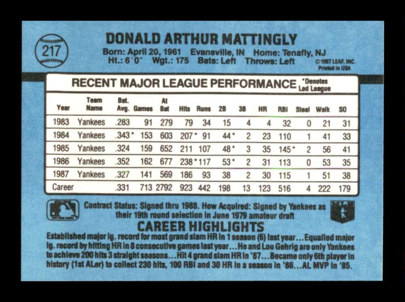 Load image into Gallery viewer, 1988 Donruss Don Mattingly #217 New York Yankees Image 2
