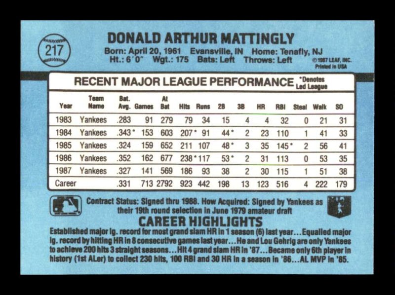 Load image into Gallery viewer, 1988 Donruss Don Mattingly #217 New York Yankees Image 2
