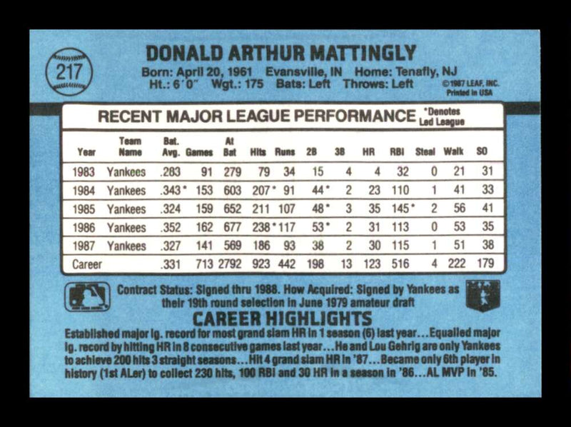 Load image into Gallery viewer, 1988 Donruss Don Mattingly #217 New York Yankees Image 2
