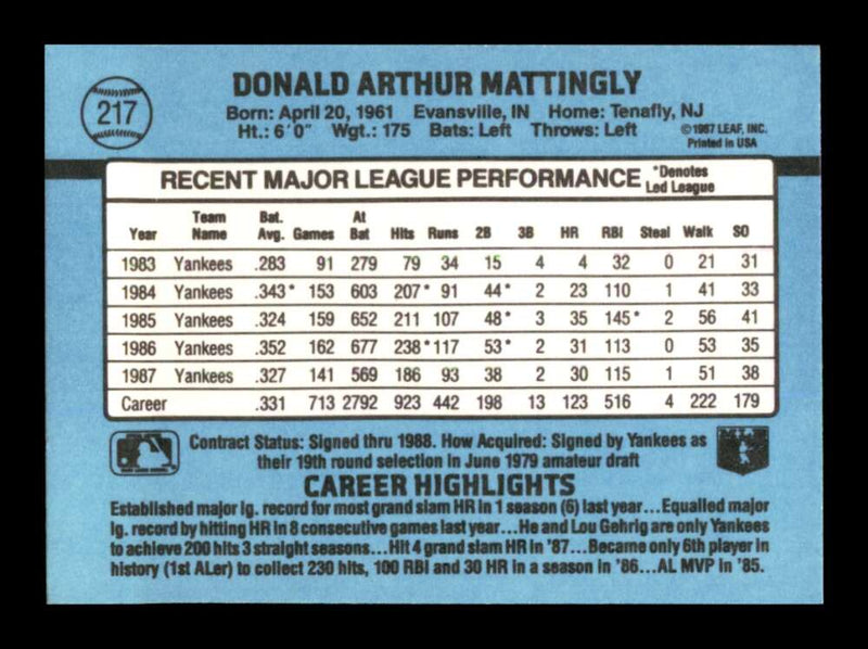 Load image into Gallery viewer, 1988 Donruss Don Mattingly #217 New York Yankees Image 2
