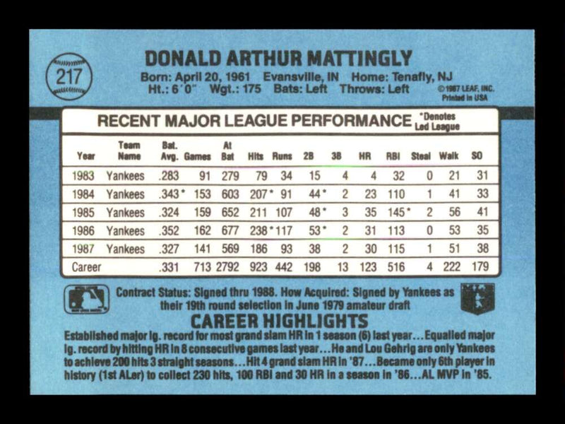 Load image into Gallery viewer, 1988 Donruss Don Mattingly #217 New York Yankees Image 2
