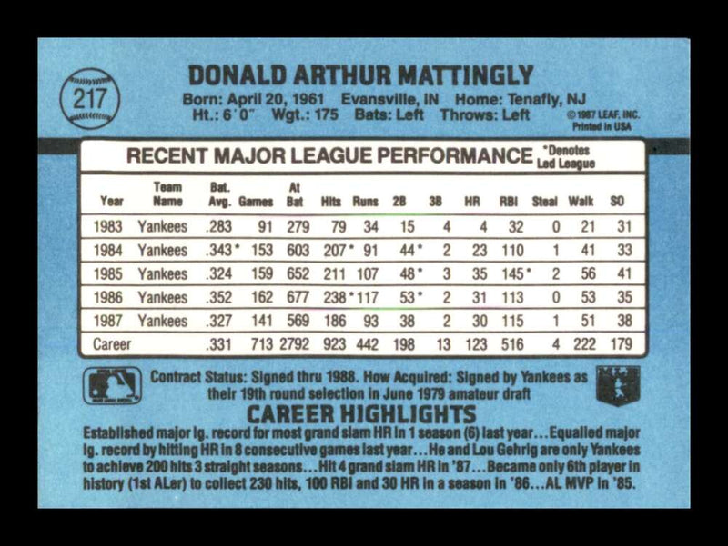 Load image into Gallery viewer, 1988 Donruss Don Mattingly #217 New York Yankees Image 2
