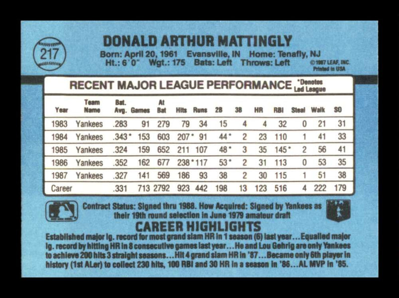 Load image into Gallery viewer, 1988 Donruss Don Mattingly #217 New York Yankees Image 2
