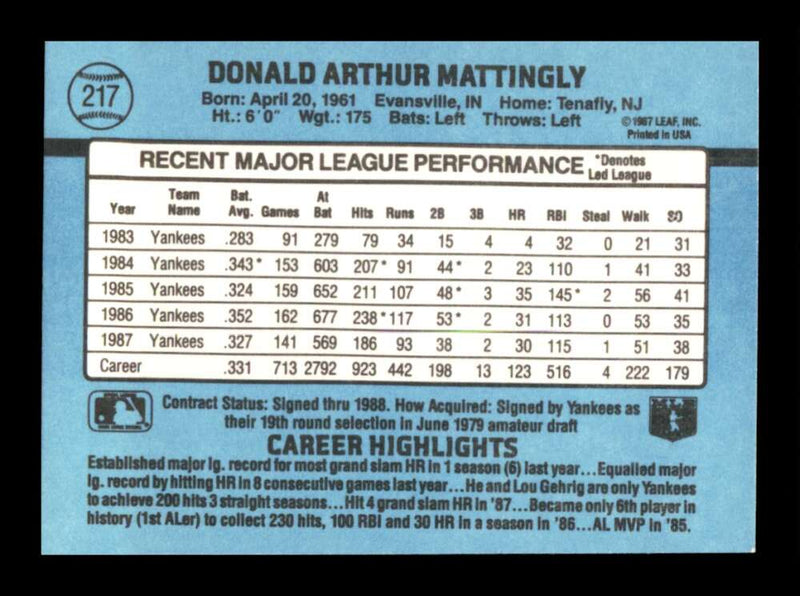 Load image into Gallery viewer, 1988 Donruss Don Mattingly #217 New York Yankees Image 2
