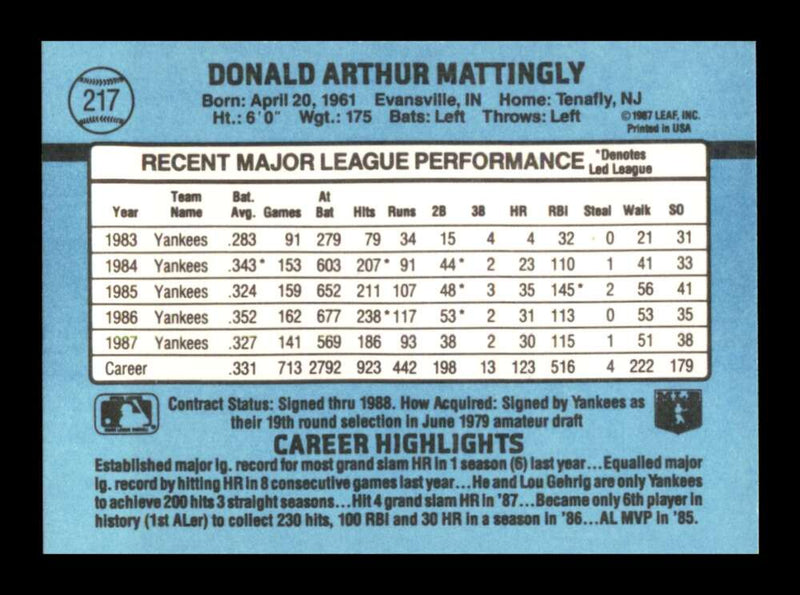 Load image into Gallery viewer, 1988 Donruss Don Mattingly #217 New York Yankees Image 2
