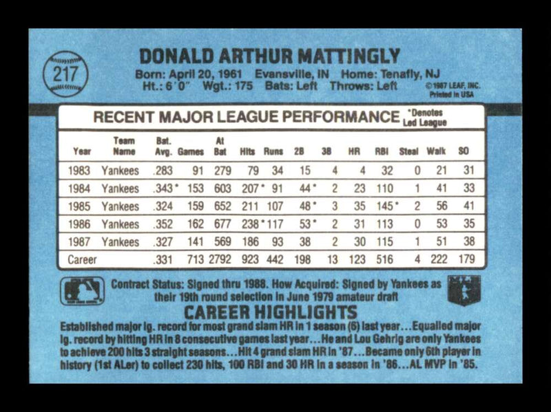 Load image into Gallery viewer, 1988 Donruss Don Mattingly #217 New York Yankees Image 2
