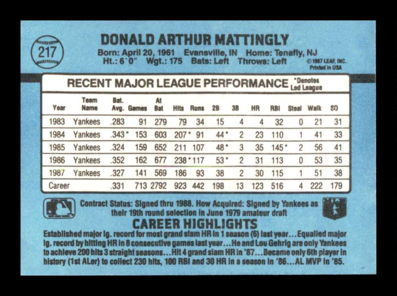 Load image into Gallery viewer, 1988 Donruss Don Mattingly #217 New York Yankees Image 2
