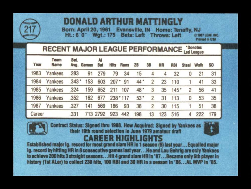 Load image into Gallery viewer, 1988 Donruss Don Mattingly #217 New York Yankees Image 2
