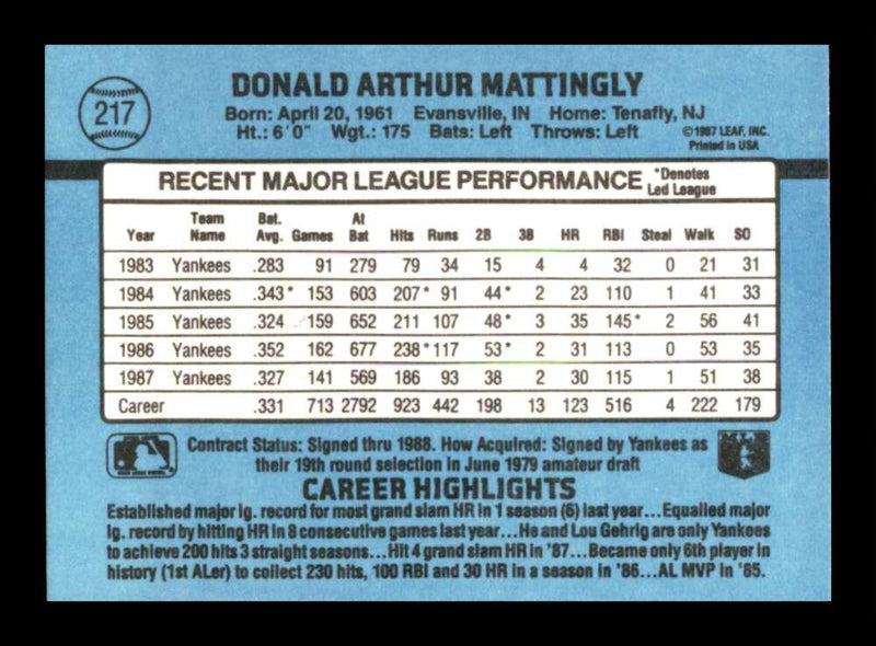 Load image into Gallery viewer, 1988 Donruss Don Mattingly #217 New York Yankees Image 2
