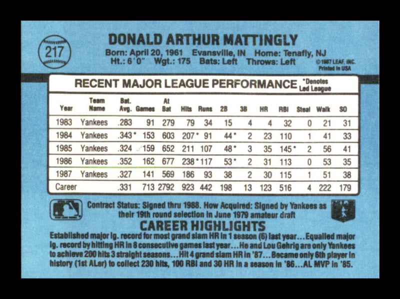 Load image into Gallery viewer, 1988 Donruss Don Mattingly #217 New York Yankees Image 2
