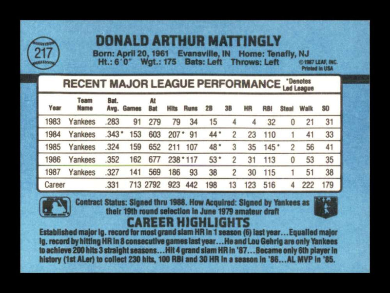 Load image into Gallery viewer, 1988 Donruss Don Mattingly #217 New York Yankees Image 2
