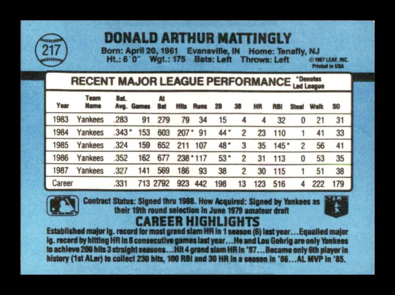 Load image into Gallery viewer, 1988 Donruss Don Mattingly #217 New York Yankees Image 2
