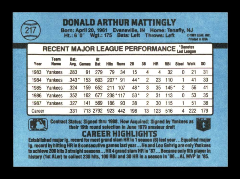 Load image into Gallery viewer, 1988 Donruss Don Mattingly #217 New York Yankees Image 2
