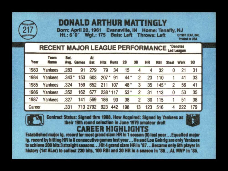 Load image into Gallery viewer, 1988 Donruss Don Mattingly #217 New York Yankees Image 2
