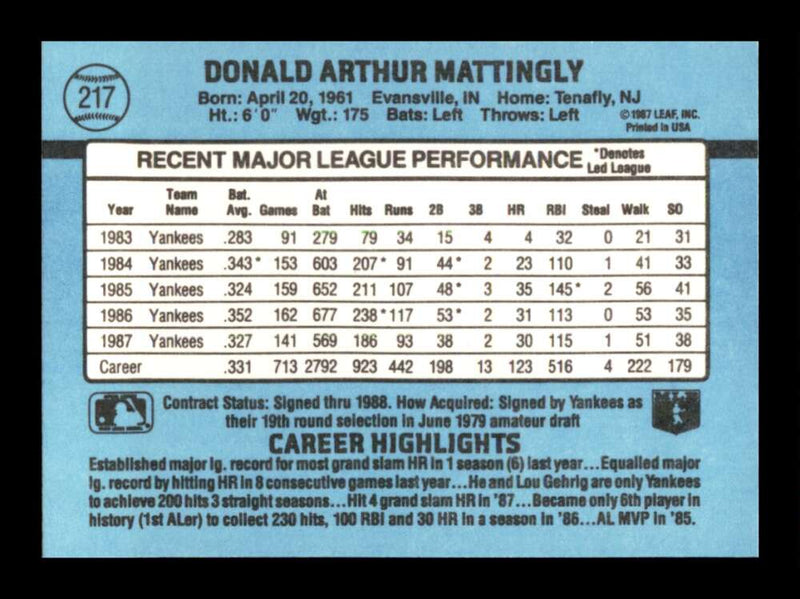 Load image into Gallery viewer, 1988 Donruss Don Mattingly #217 New York Yankees Image 2
