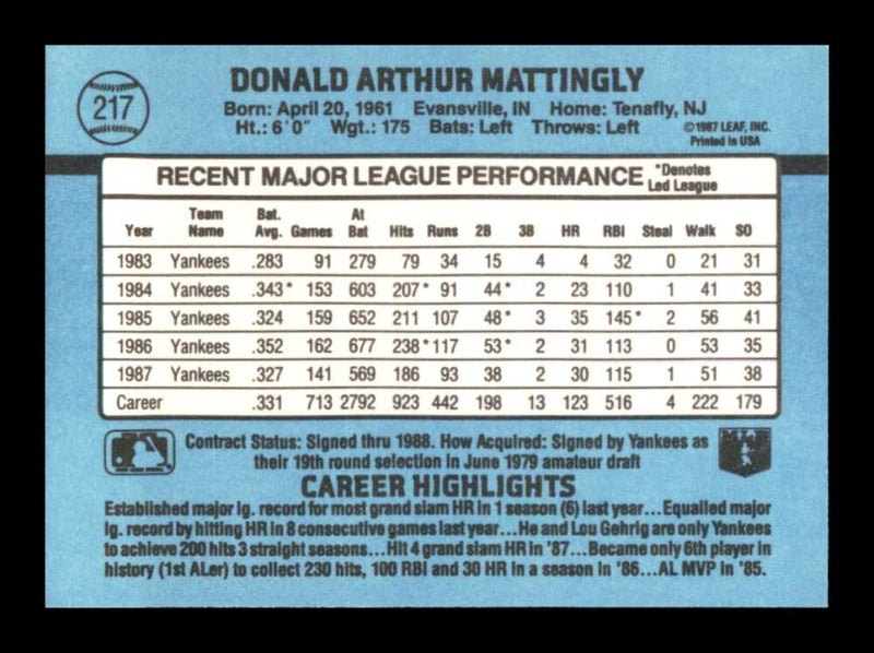 Load image into Gallery viewer, 1988 Donruss Don Mattingly #217 New York Yankees Image 2
