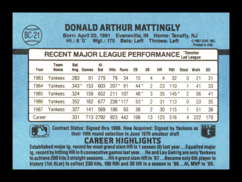 Load image into Gallery viewer, 1988 Donruss Bonus MVP&#39;s Don Mattingly #BC-21 New York Yankees Image 2
