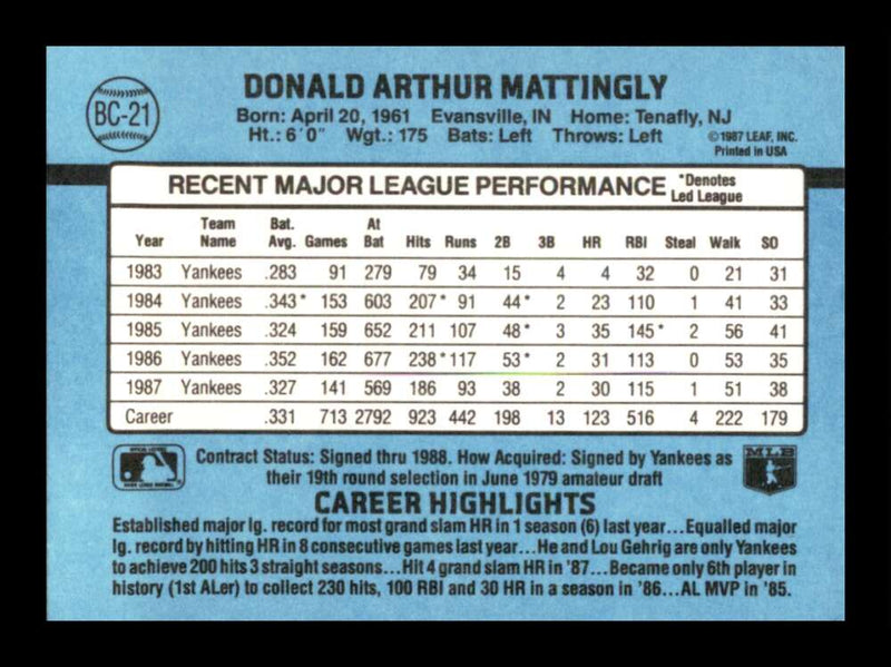 Load image into Gallery viewer, 1988 Donruss Bonus MVP&#39;s Don Mattingly #BC-21 New York Yankees Image 2
