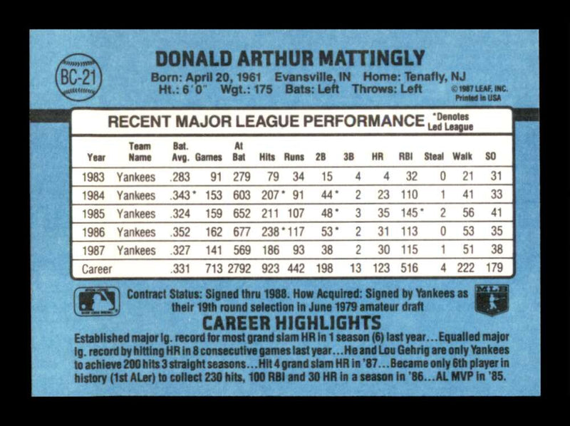 Load image into Gallery viewer, 1988 Donruss Bonus MVP&#39;s Don Mattingly #BC-21 New York Yankees Image 2
