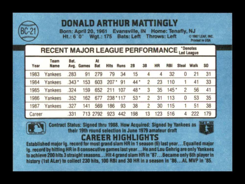 Load image into Gallery viewer, 1988 Donruss Bonus MVP&#39;s Don Mattingly #BC-21 New York Yankees Image 2
