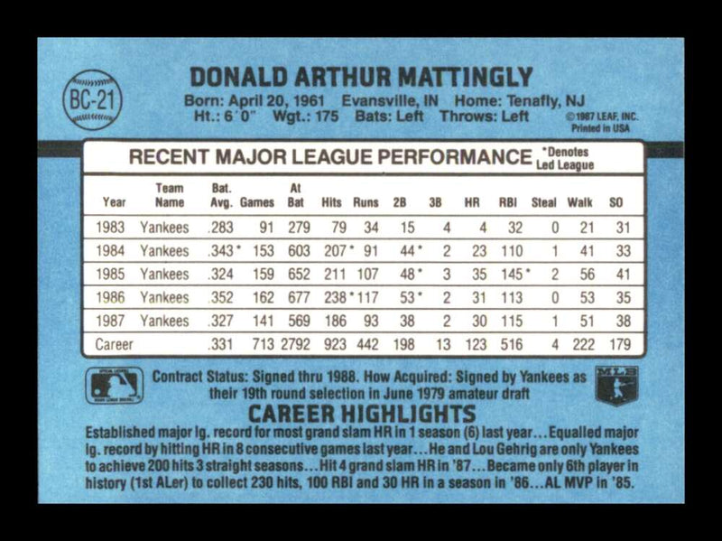 Load image into Gallery viewer, 1988 Donruss Bonus MVP&#39;s Don Mattingly #BC-21 New York Yankees Image 2
