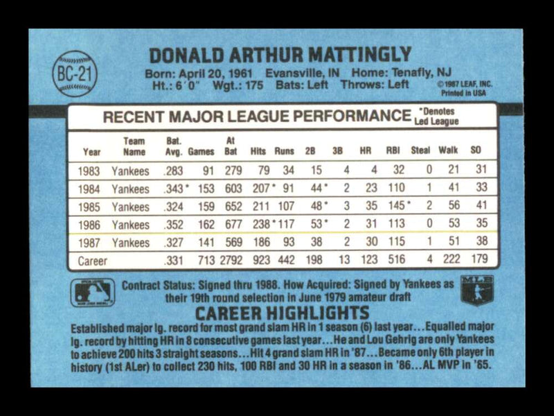 Load image into Gallery viewer, 1988 Donruss Bonus MVP&#39;s Don Mattingly #BC-21 New York Yankees Image 2
