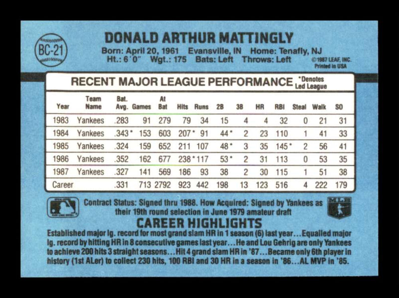 Load image into Gallery viewer, 1988 Donruss Bonus MVP&#39;s Don Mattingly #BC-21 New York Yankees Image 2
