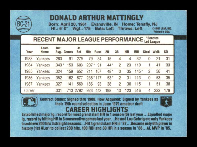 Load image into Gallery viewer, 1988 Donruss Bonus MVP&#39;s Don Mattingly #BC-21 New York Yankees Image 2
