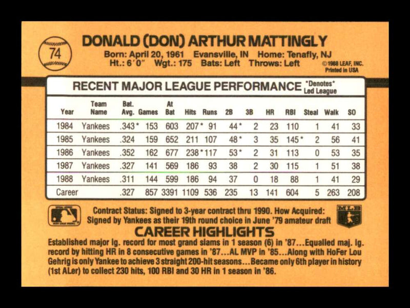 Load image into Gallery viewer, 1989 Donruss Don Mattingly #74 New York Yankees Image 2
