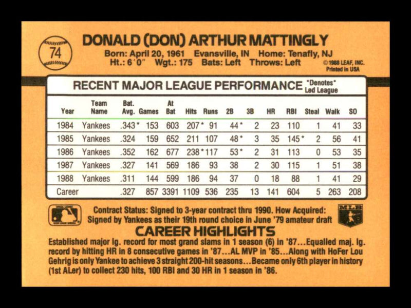 Load image into Gallery viewer, 1989 Donruss Don Mattingly #74 New York Yankees Image 2
