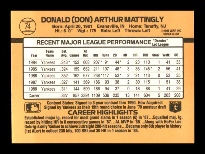 Load image into Gallery viewer, 1989 Donruss Don Mattingly #74 New York Yankees Image 2
