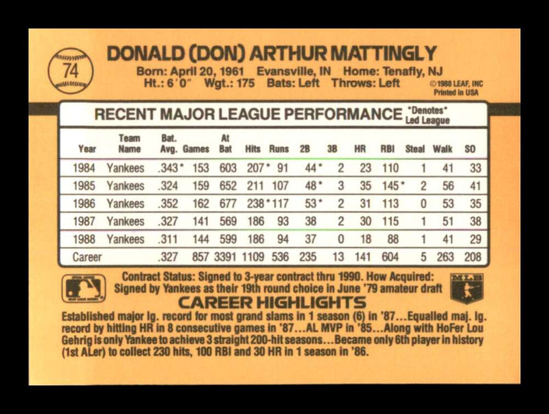 Load image into Gallery viewer, 1989 Donruss Don Mattingly #74 New York Yankees Image 2
