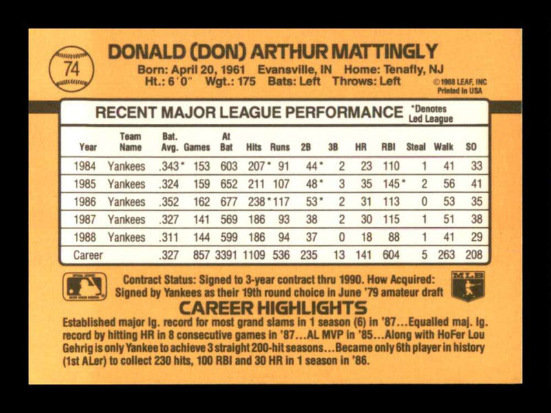 Load image into Gallery viewer, 1989 Donruss Don Mattingly #74 New York Yankees Image 2
