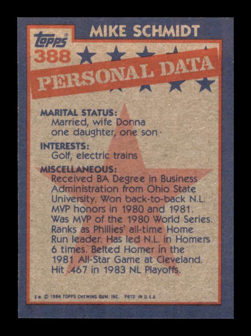 Load image into Gallery viewer, 1984 Topps Mike Schmidt #388 Philadelphia Phillies Image 2
