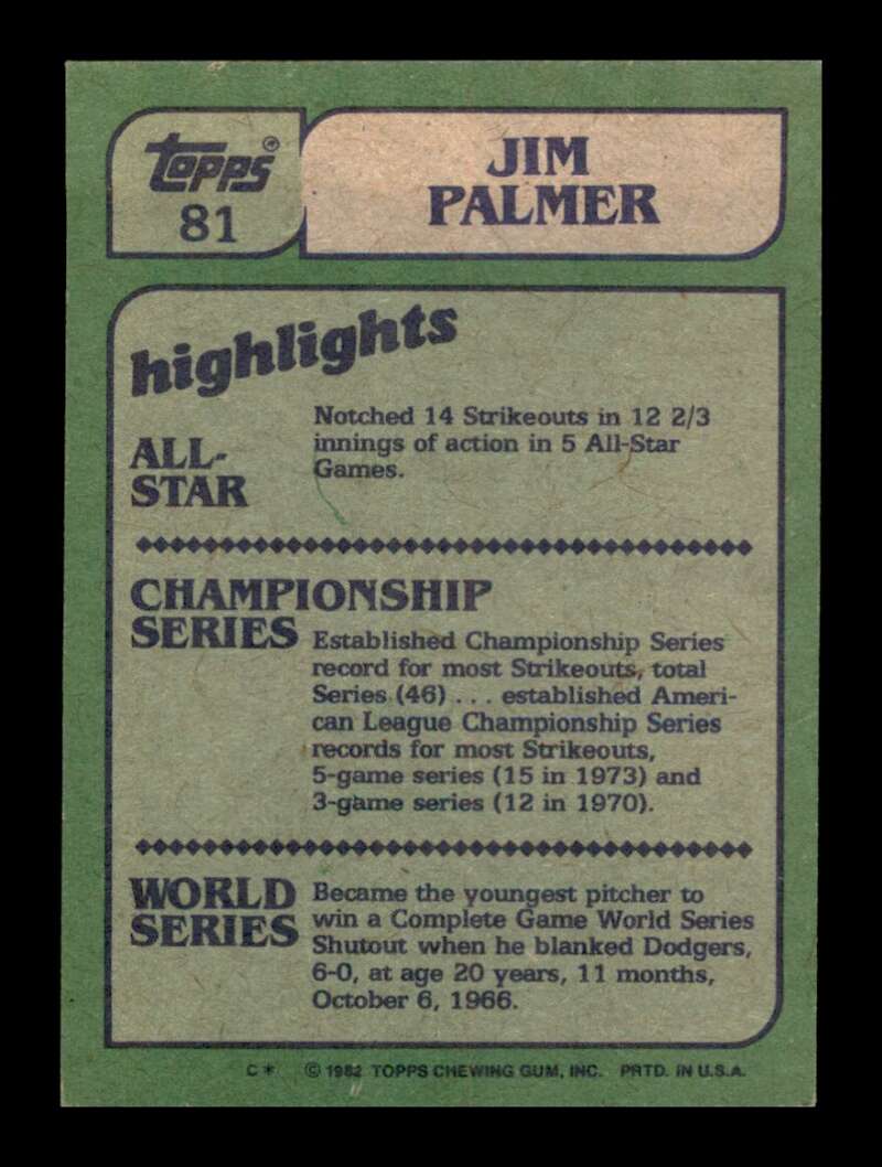 Load image into Gallery viewer, 1982 Topps Jim Palmer #81 Baltimore Orioles Image 2
