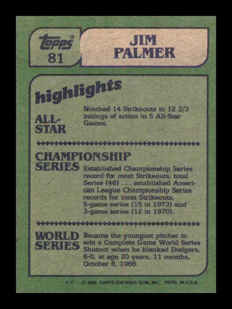 Load image into Gallery viewer, 1982 Topps Jim Palmer #81 Baltimore Orioles Image 2
