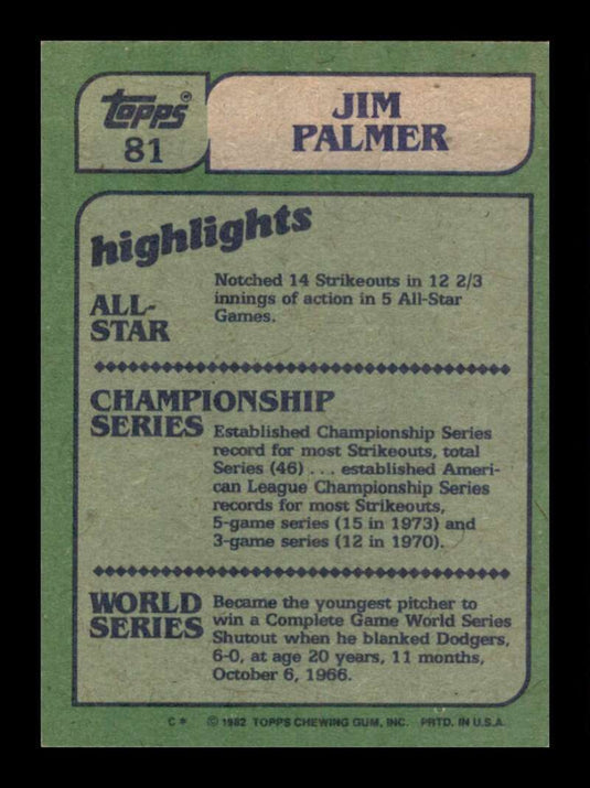 1982 Topps Jim Palmer