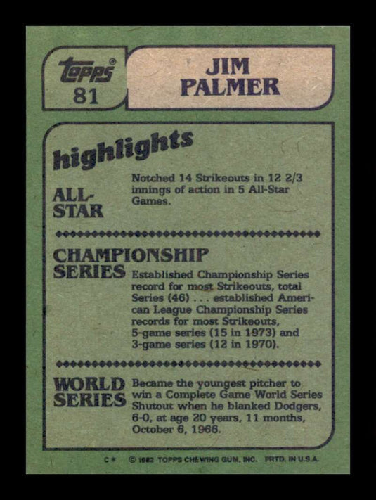 1982 Topps Jim Palmer