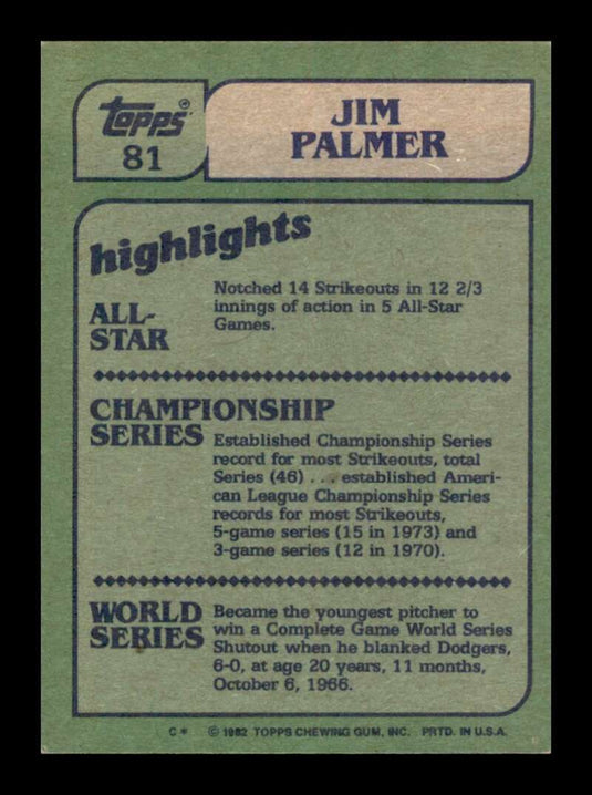 1982 Topps Jim Palmer