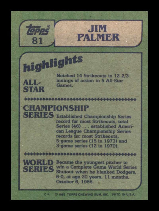 1982 Topps Jim Palmer 